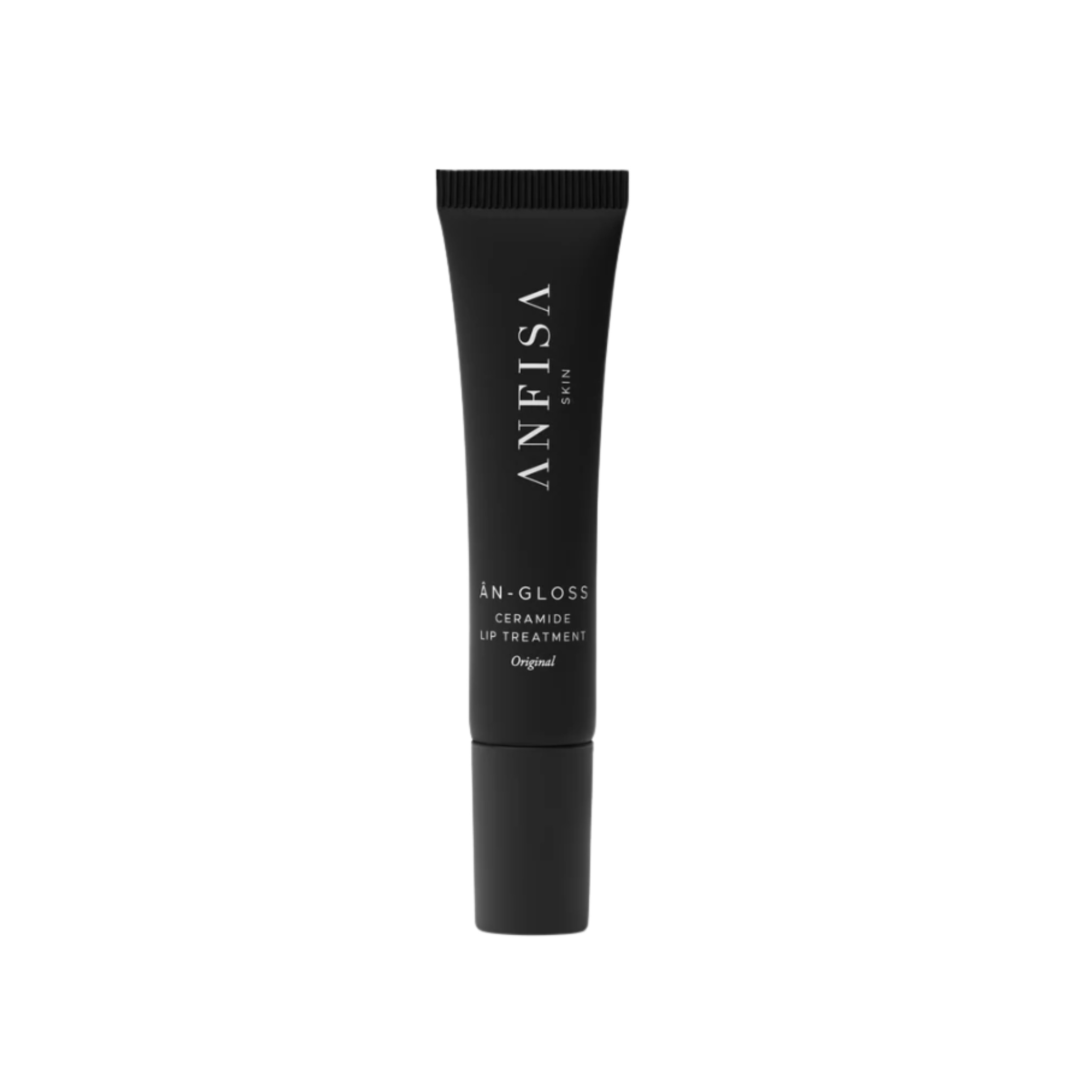 Black cosmetic tube with 'ANFISA' branding on a white background