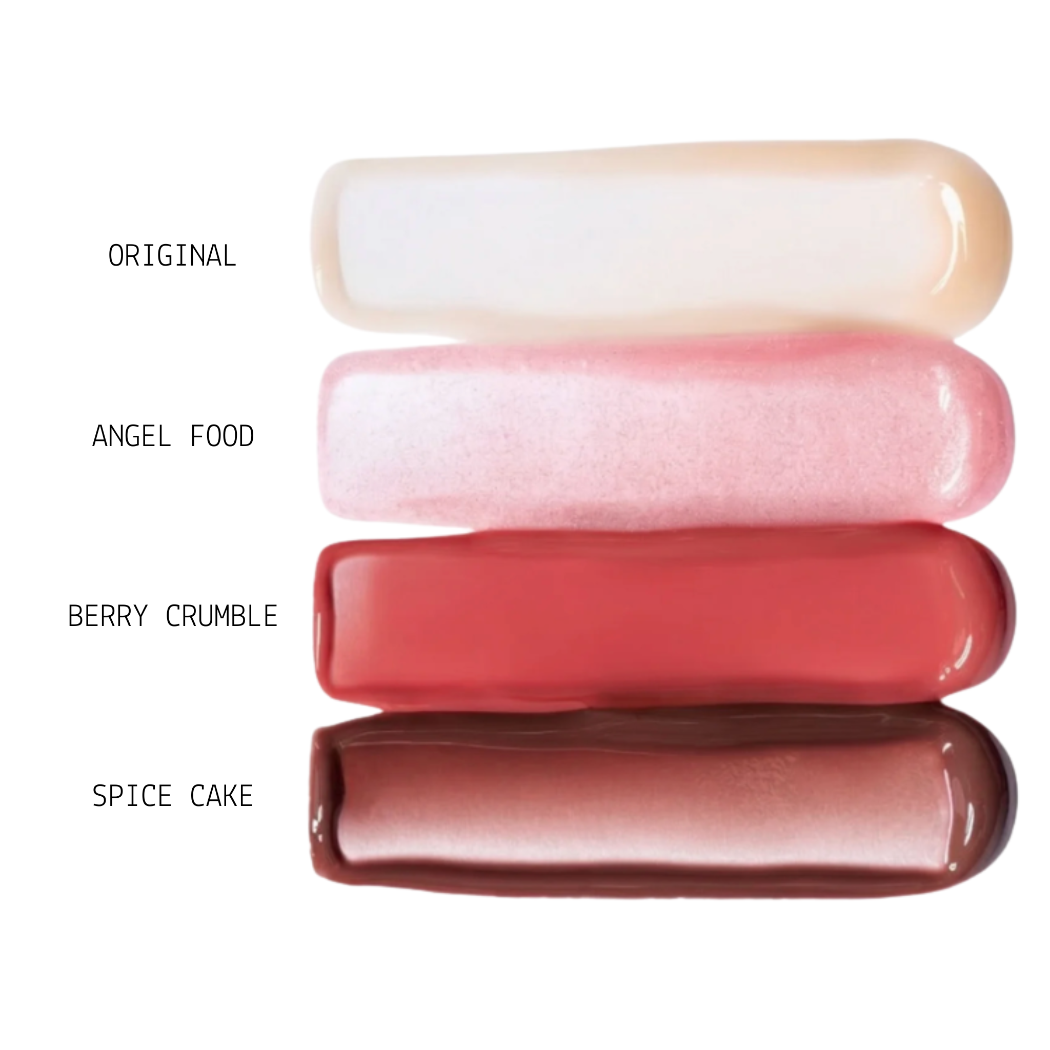 Four lip gloss shades labeled 'Original', 'Angel Food', 'Berry Crumble', and 'Spice Cake' on a white background.