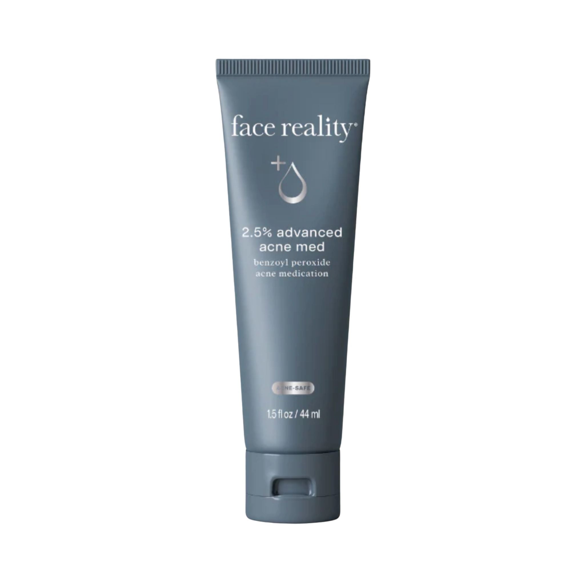 Tube of 'face reality' 2.5% advanced acne med on a white background