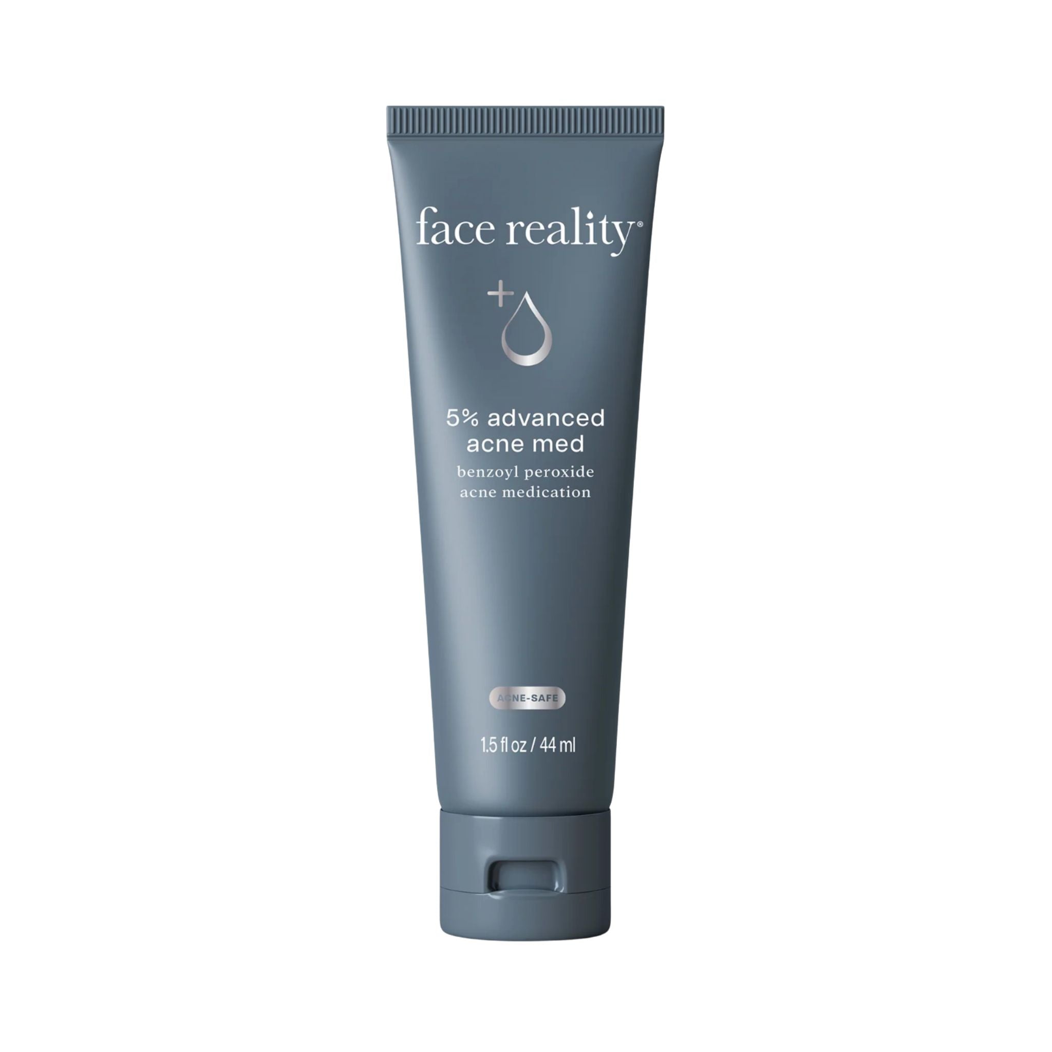 Tube of 'face reality' 5% advanced acne med on a white background