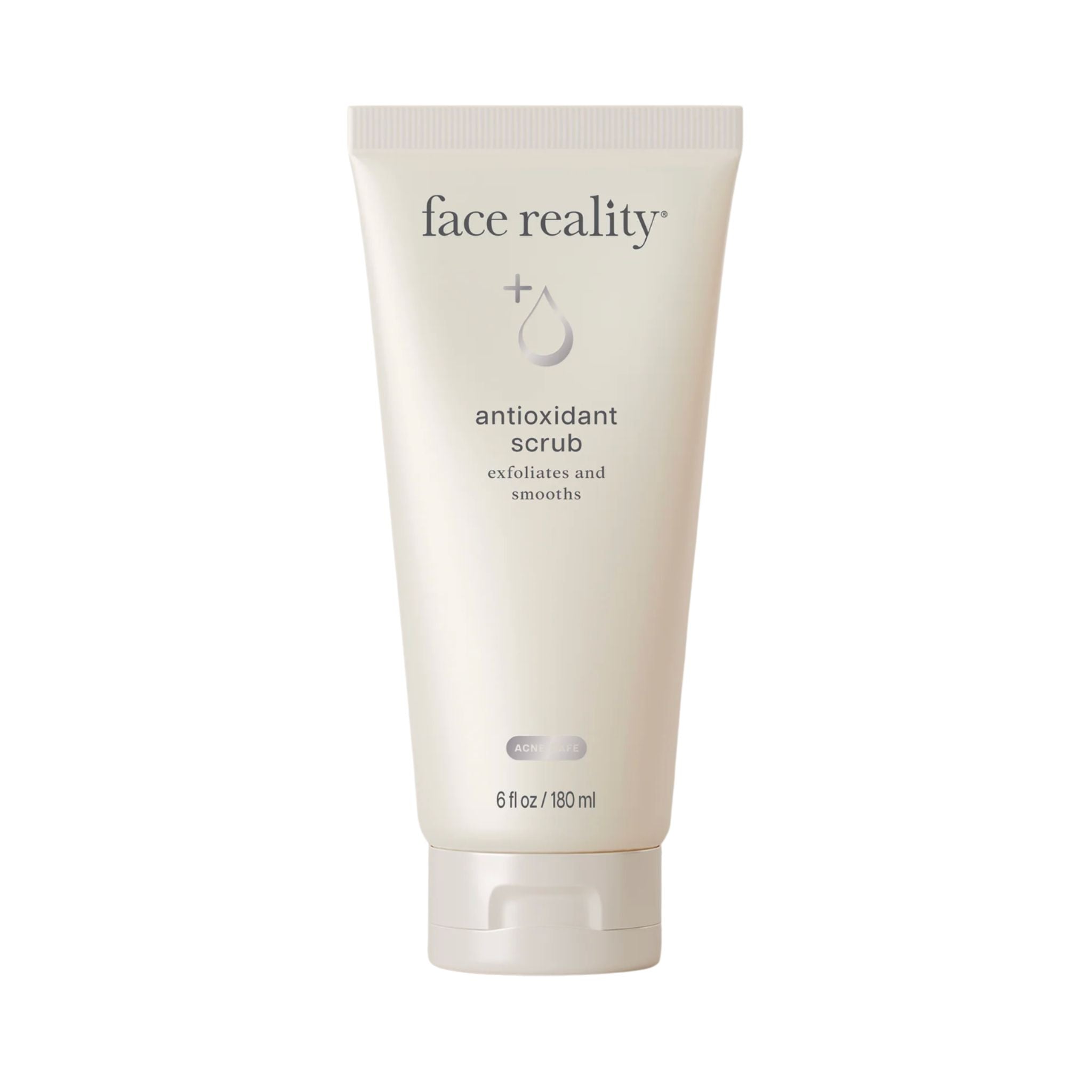 Tube of 'face reality' antioxidant scrub on a white background