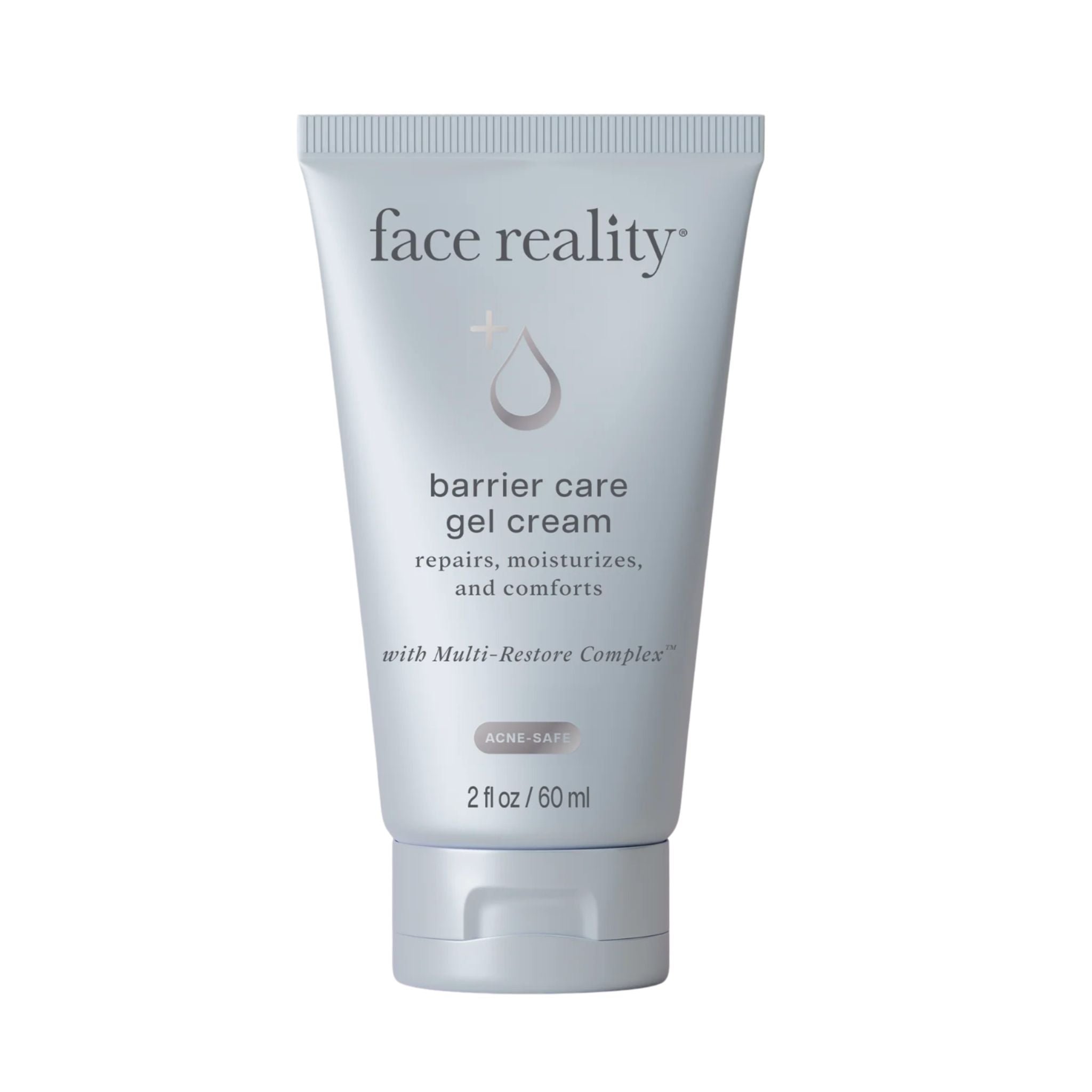 Tube of 'face reality' barrier care gel cream on a white background