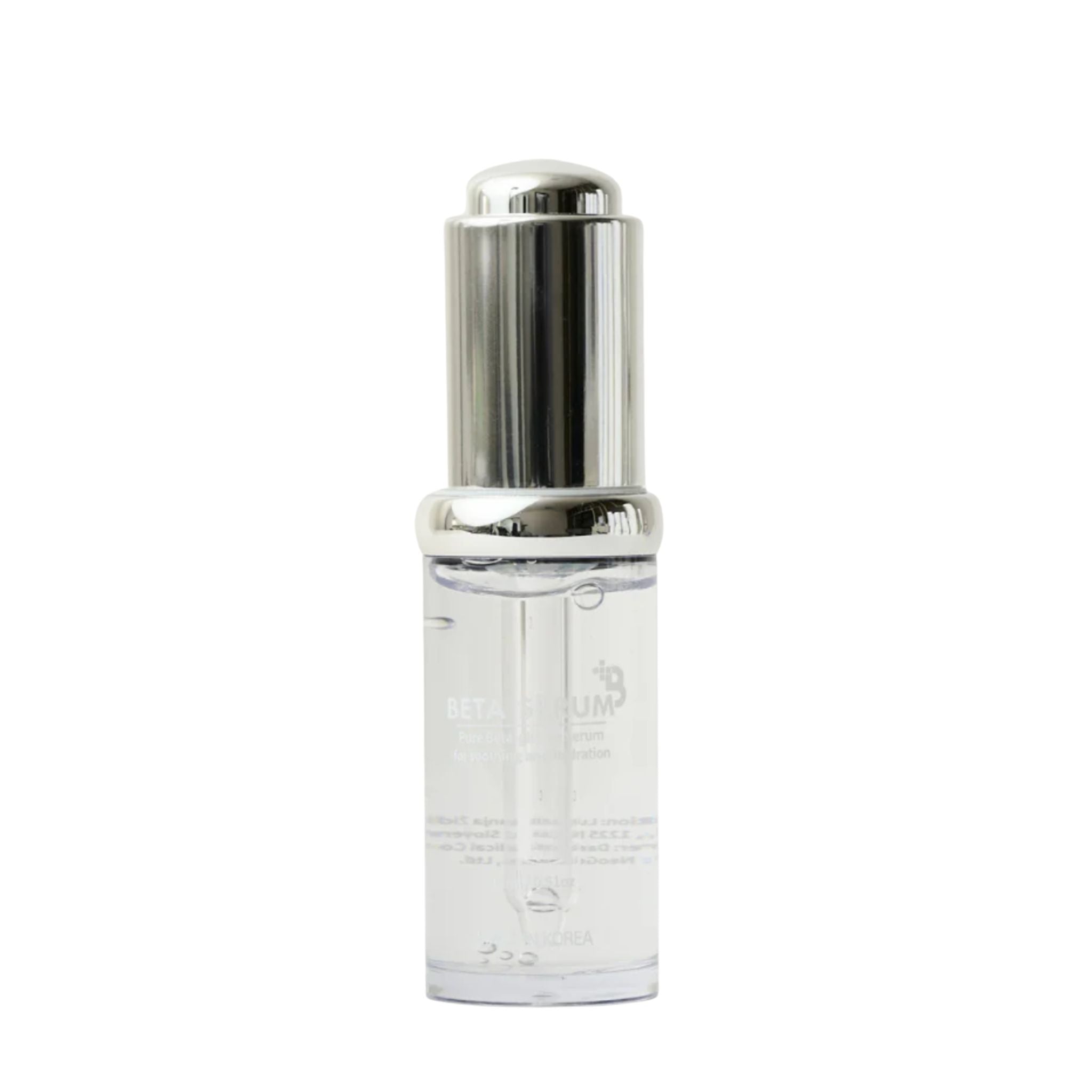 Clear skincare serum bottle with silver cap on a white background