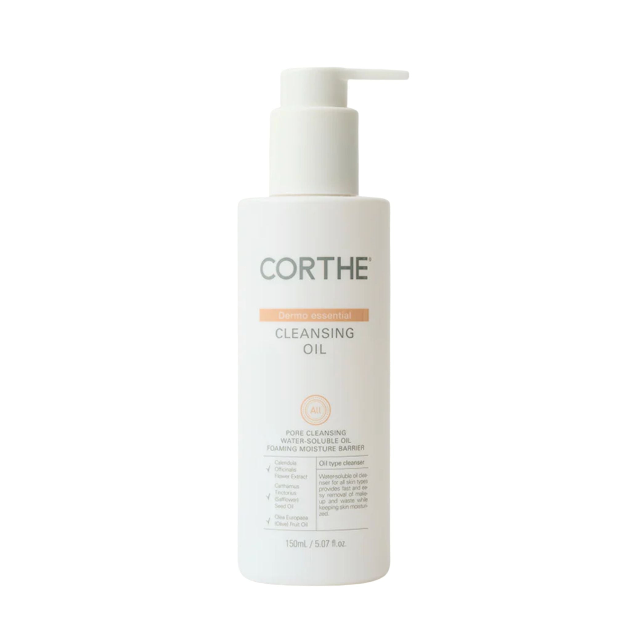 Corthe cleansing oil bottle on a white background