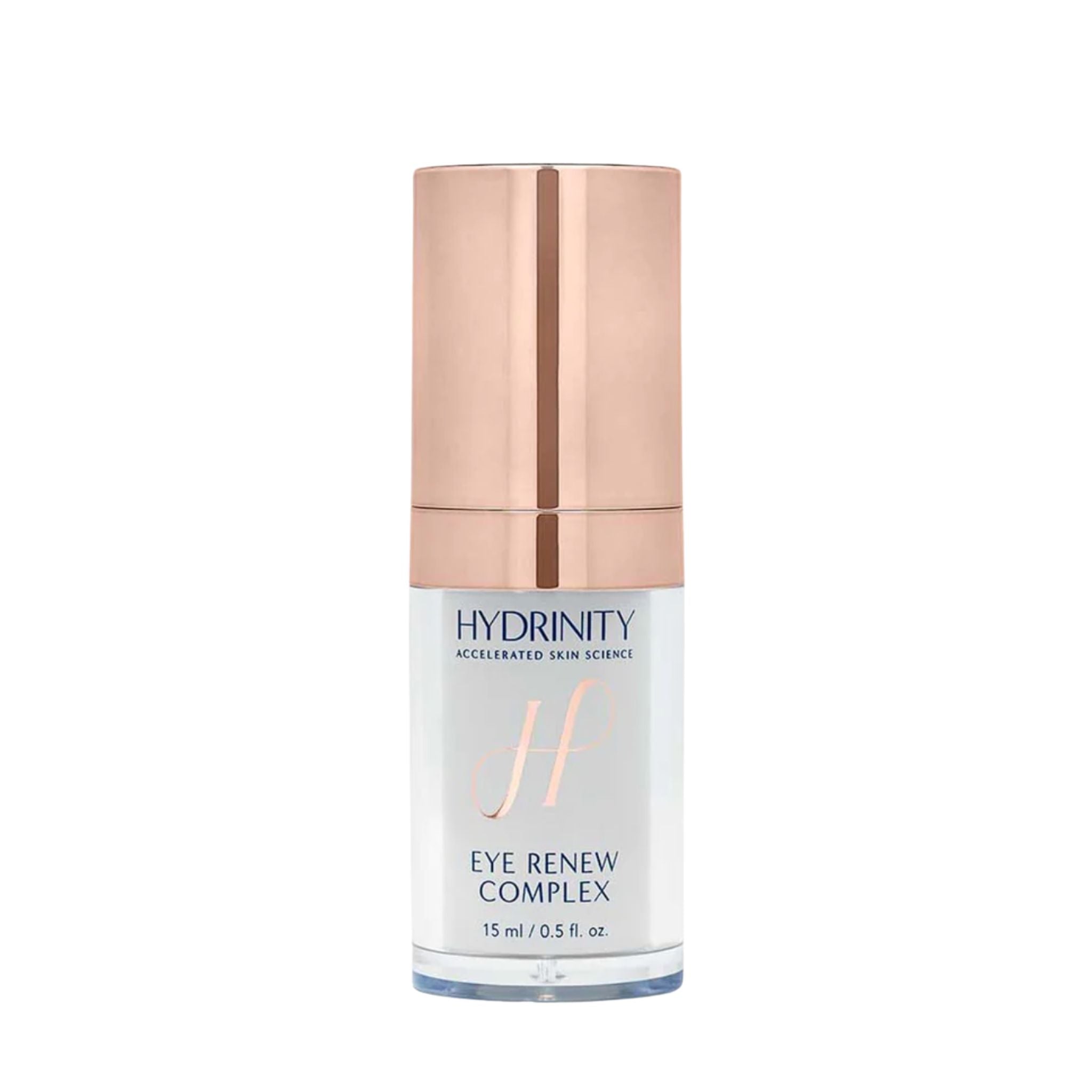 Skincare bottle labeled 'Hydrinity Eye Renew Complex' on a white background