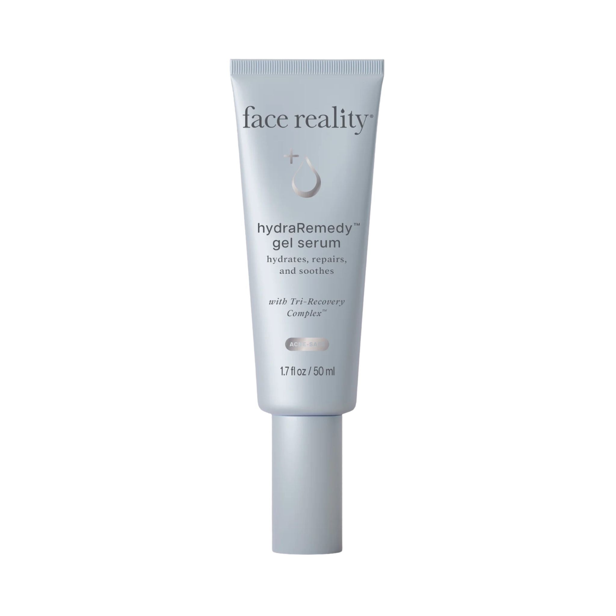 Tube of 'face reality' hydraRemedy gel serum on a white background