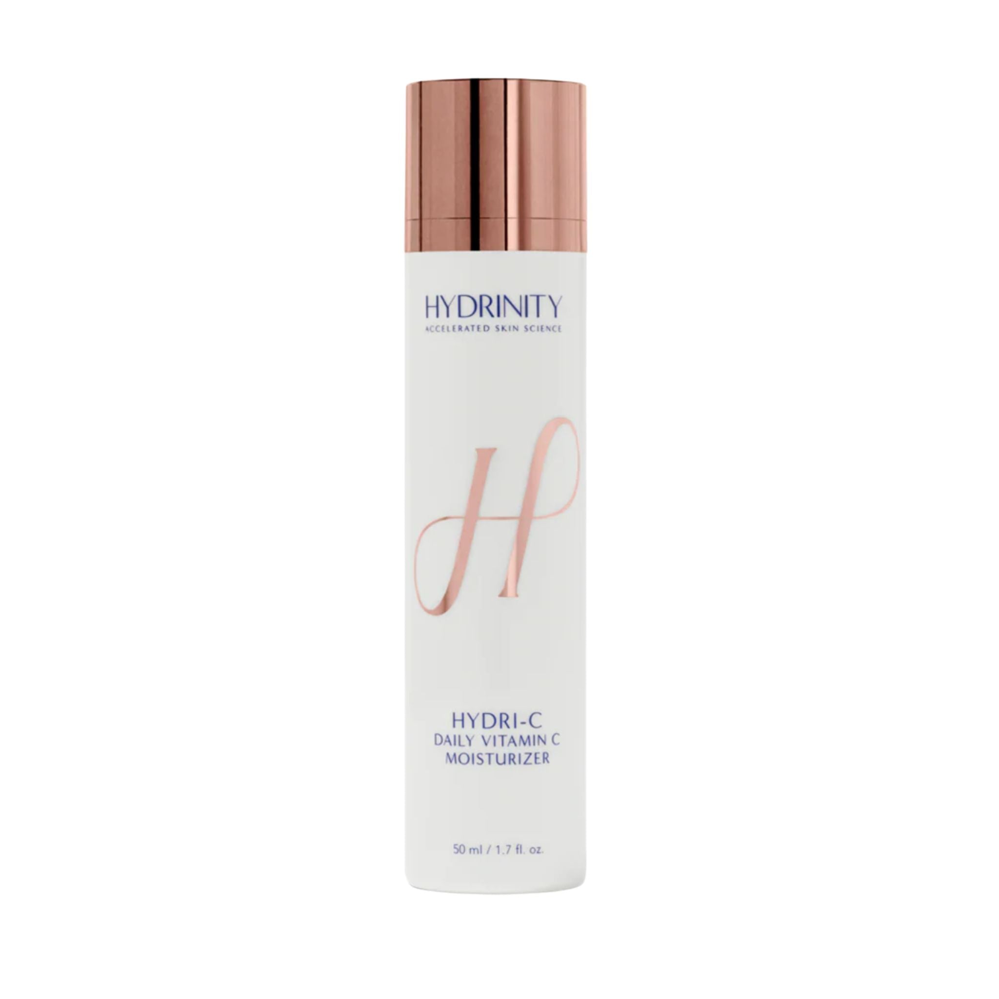 Skincare bottle with rose gold cap and branding on a white background