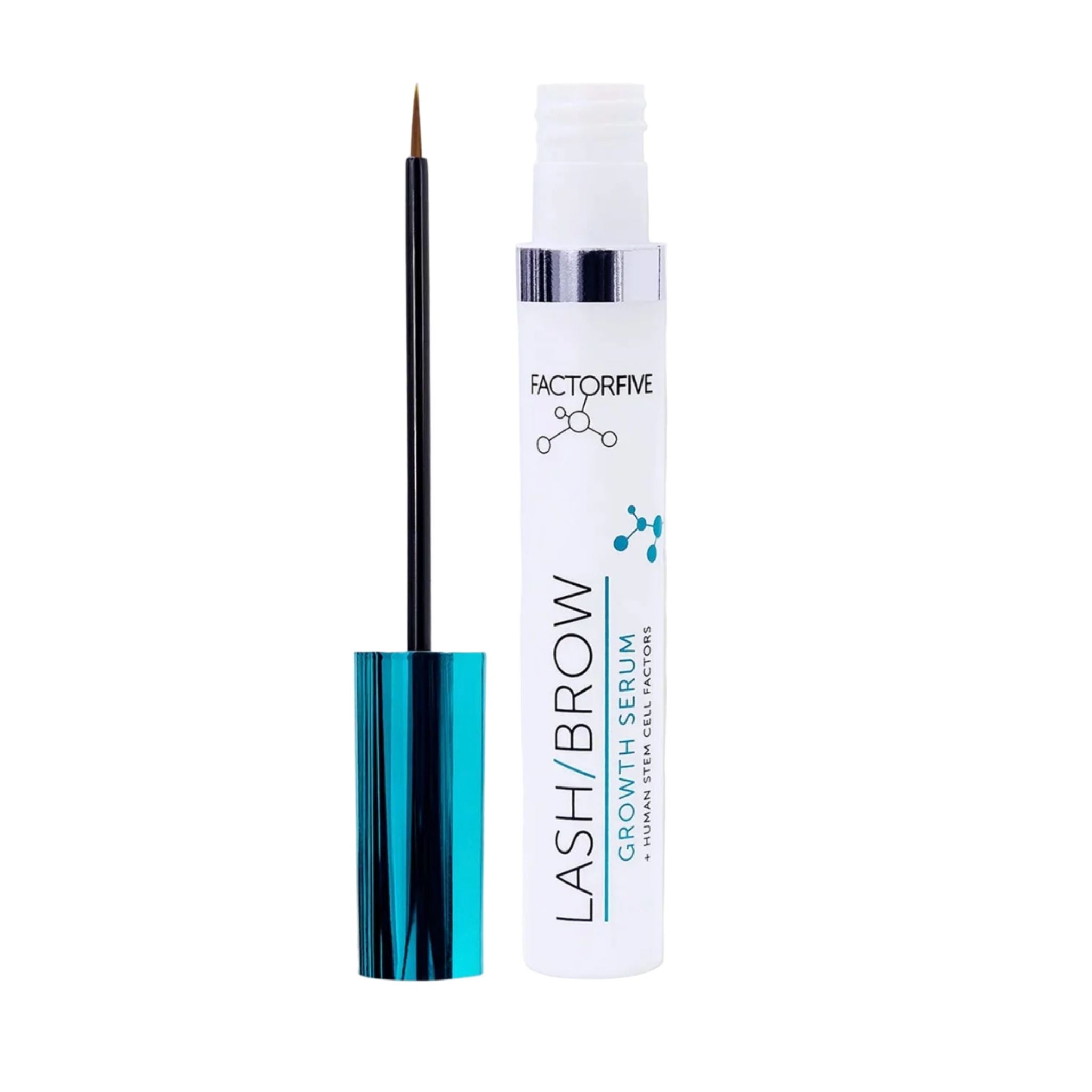 Factor Five lash and brow growth serum with applicator on a white background