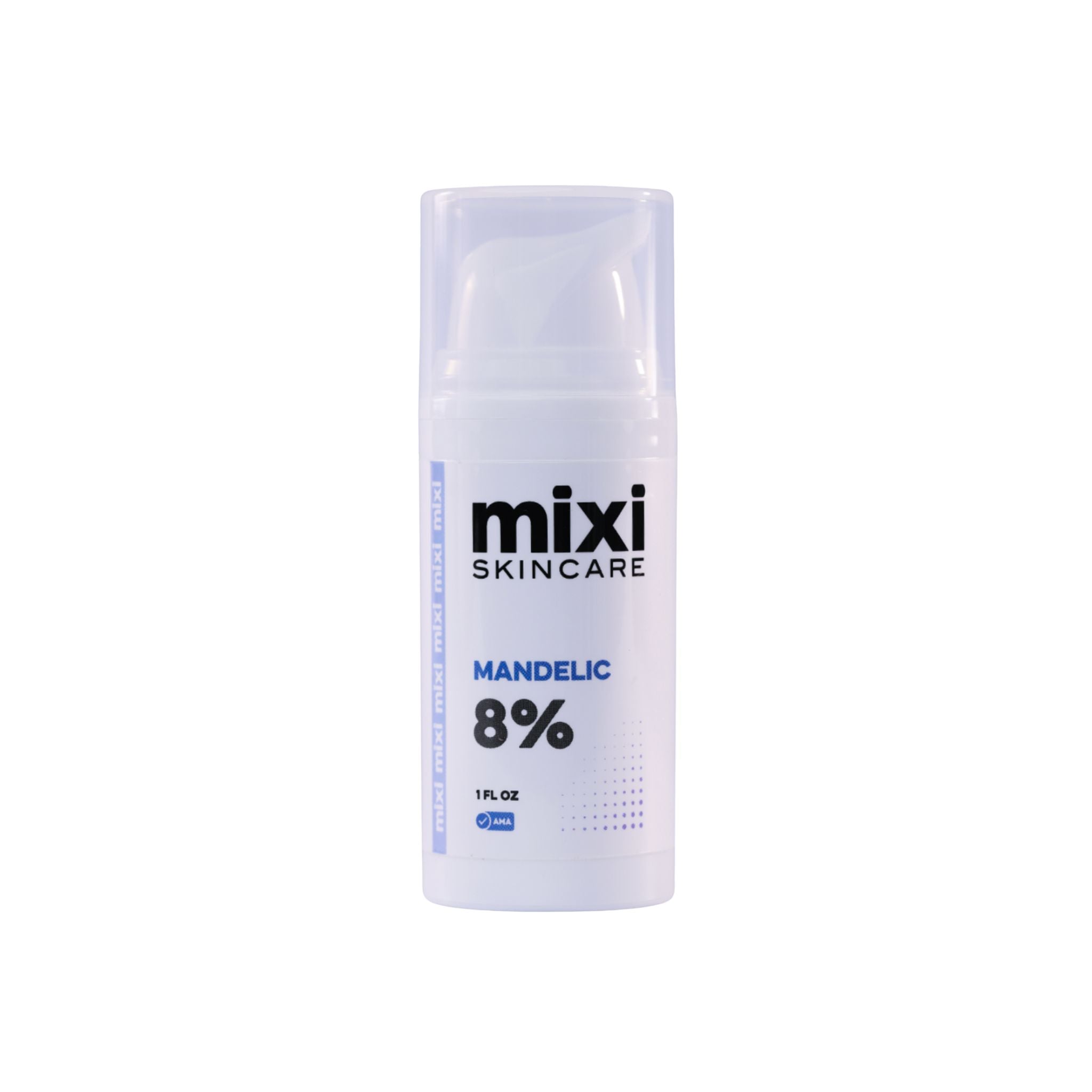 Skincare product bottle labeled 'mixi skincare' with 'Mandelic 8%' on a white background