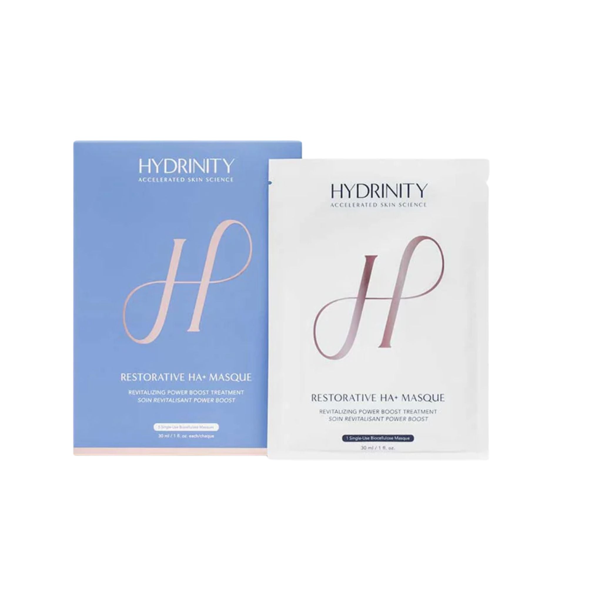 Two Hydrinity Restorative HA+ Masque packages on a white background
