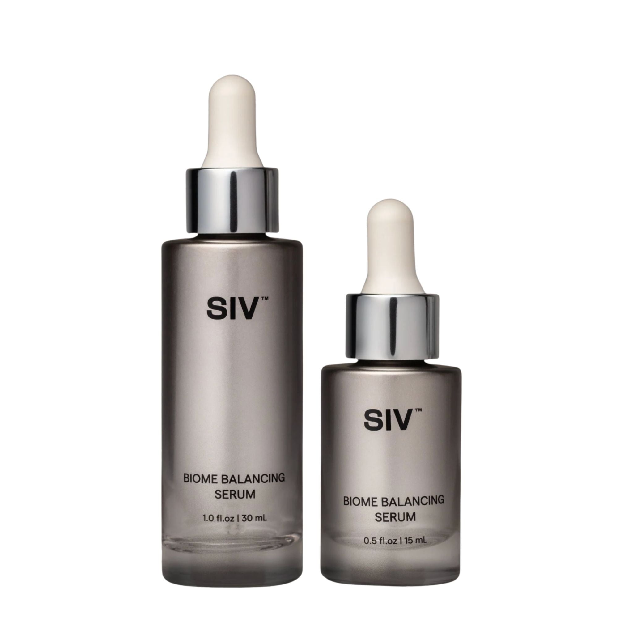Two bottles of SIV Biome Balancing Serum on a white background