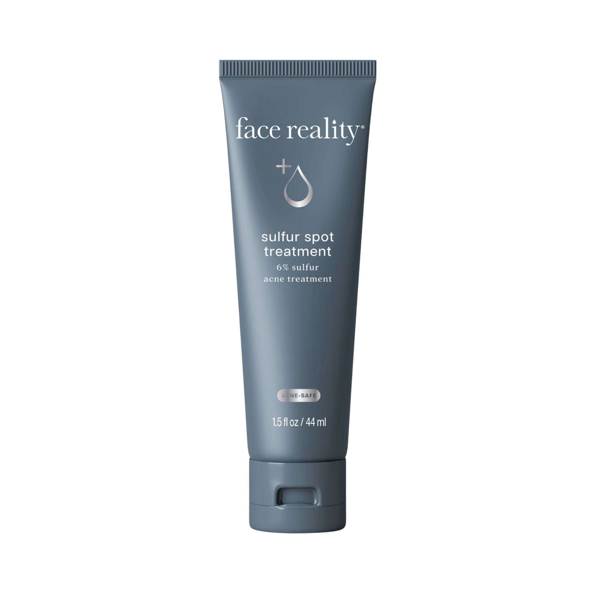 Tube of 'face reality' sulfur spot treatment on a white background